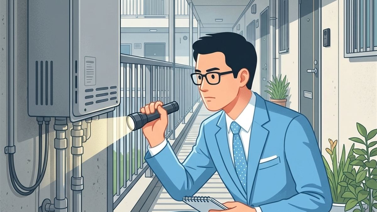 アパートの給湯器・エアコン室外機を懐中電灯で点検するタキ所長
