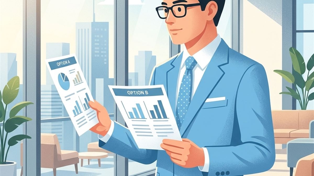 不動産投資会社の資料や数値を2社比較する様子
