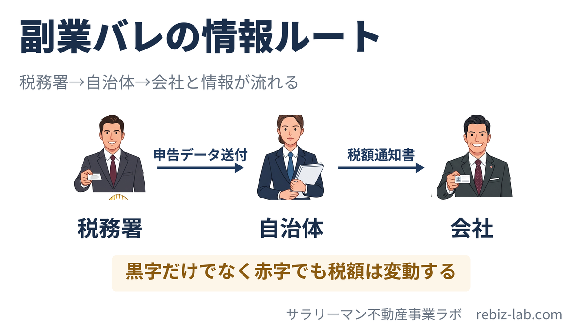 税務署から自治体、会社へと副業情報が伝わるルートの図解