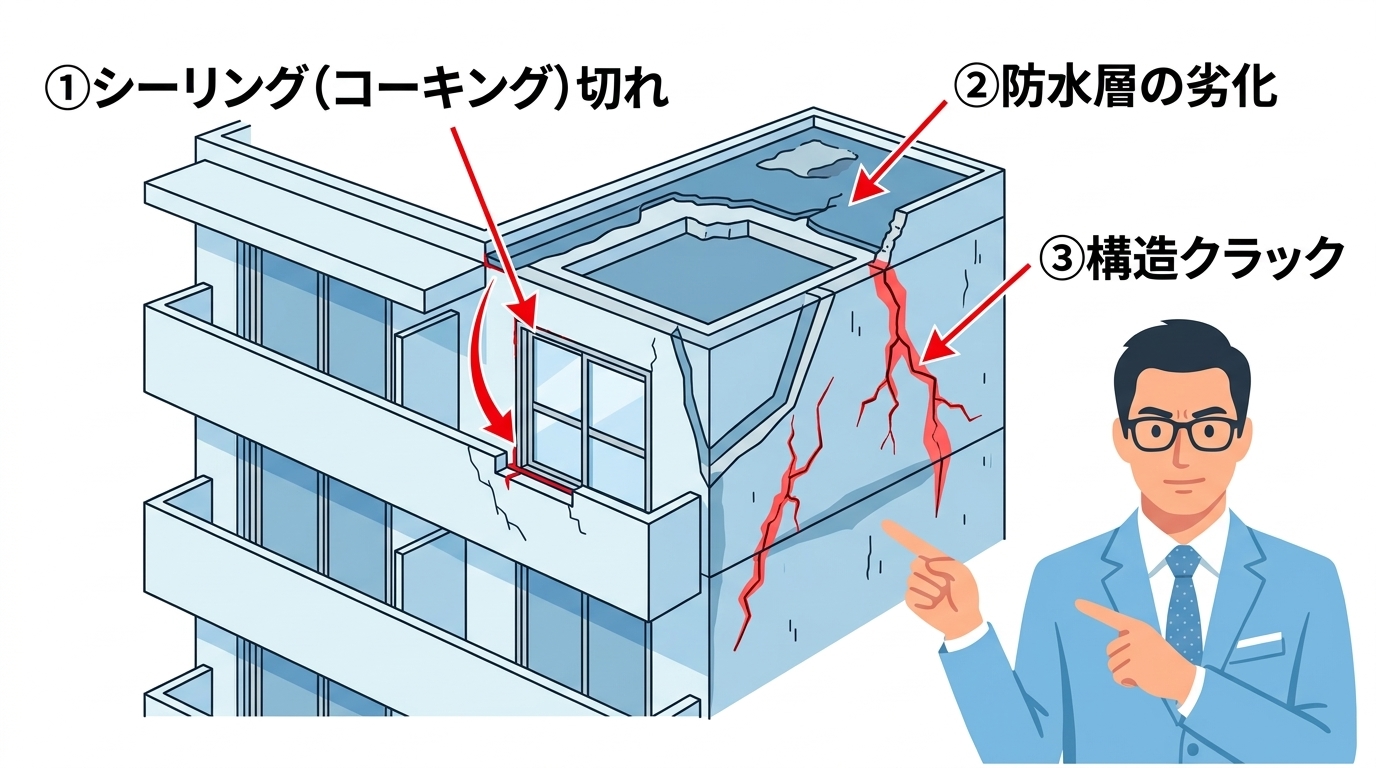 RC造マンションの雨漏り原因3経路(シーリング切れ・防水層劣化・構造クラック)の構造図解(タキ所長解説)