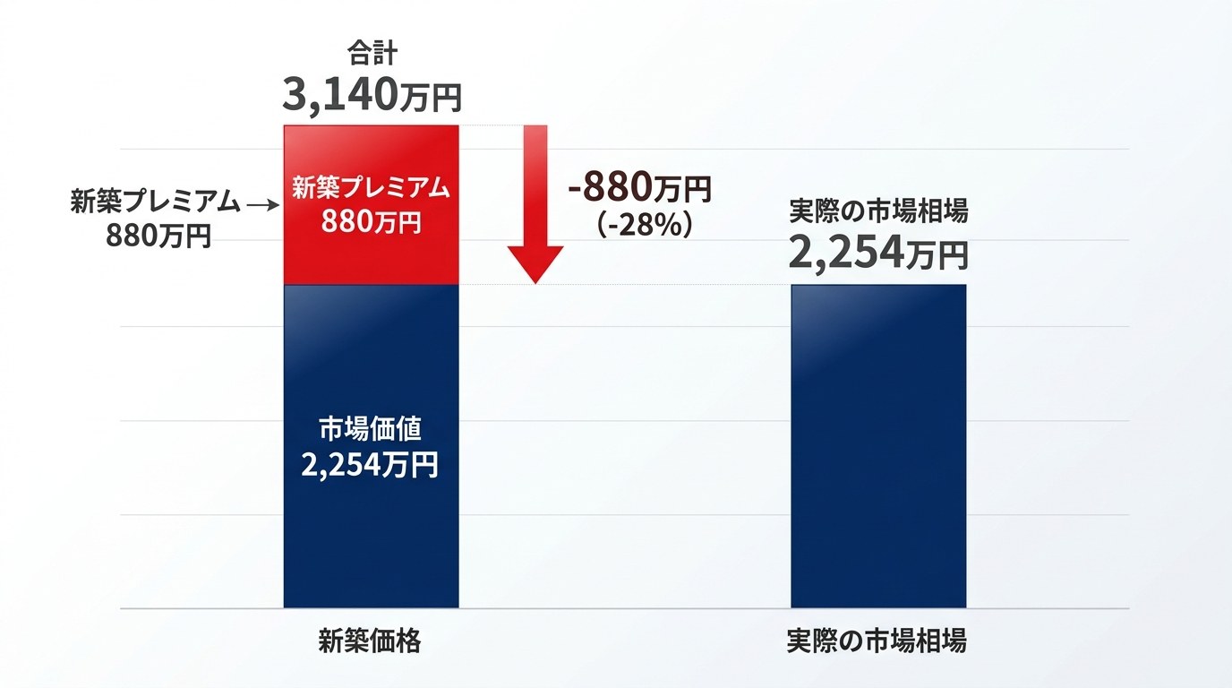 新築ワンルームを買った瞬間に起きる約880万円の価格乖離の図解インフォグラフィック