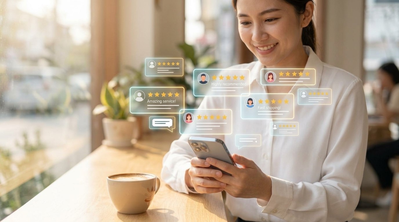 カフェでスマホの口コミ・評判を確認する女性のイメージ