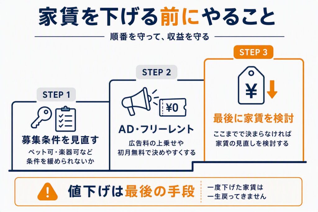 家賃を下げる前にやる3ステップ(募集条件・AD/フリーレント・最後に家賃)の図解