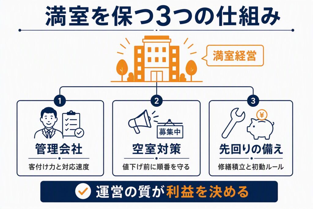 満室を保つ3つの仕組み(管理会社・空室対策・先回りの備え)の図解