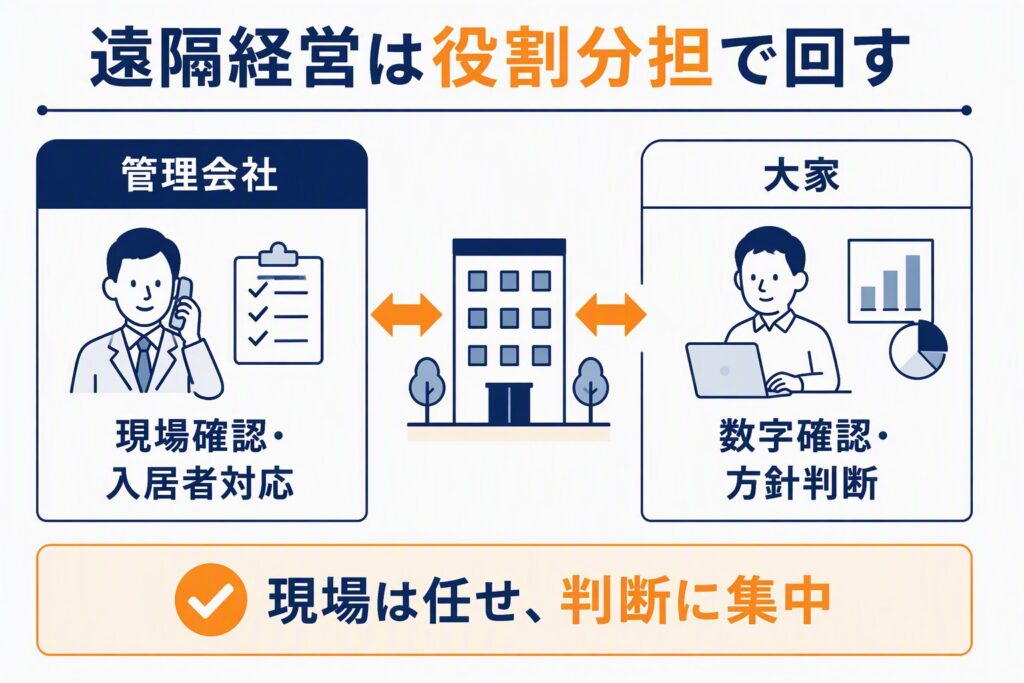 遠隔経営の役割分担(管理会社は現場、大家は判断)の図解