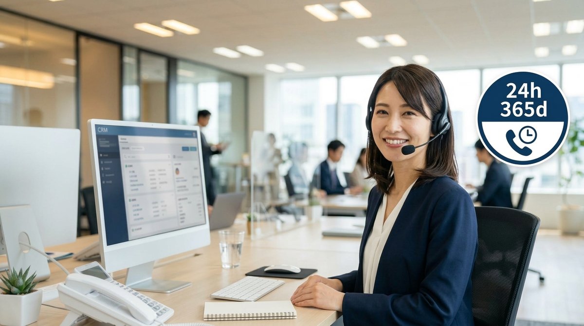 24時間365日受付の相談窓口でヘッドセットを付けて対応するスタッフのイメージ