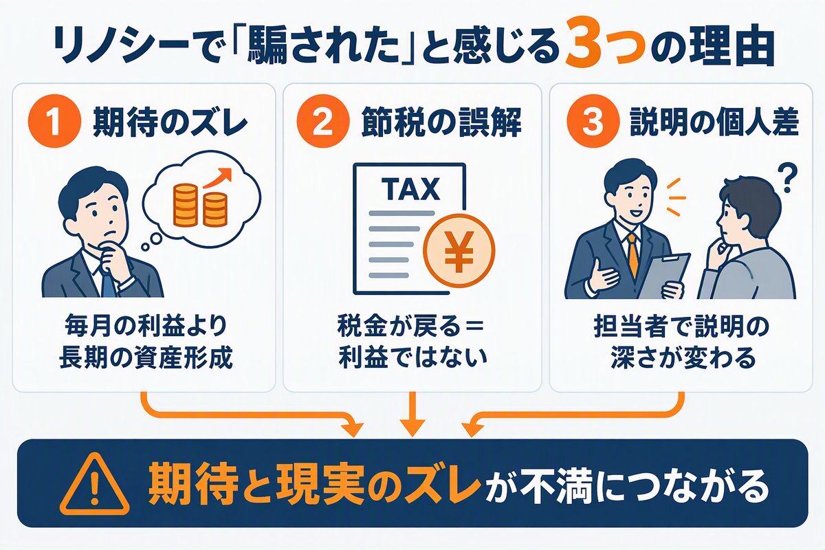 リノシーで「騙された」と感じる3つの理由（期待のズレ・節税の誤解・説明の個人差）の図解